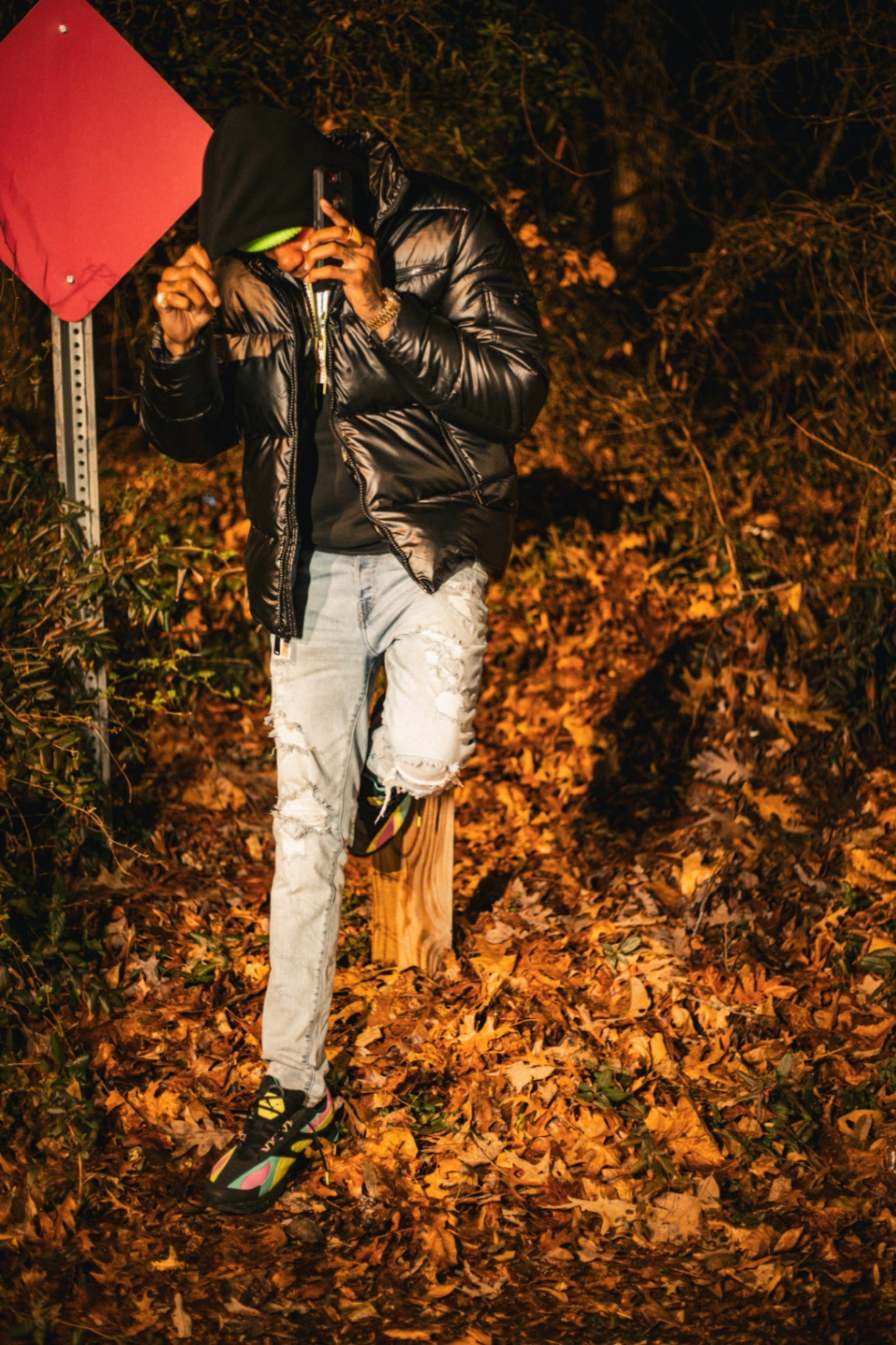 Hooded puffer, phone up — autumn leaves
