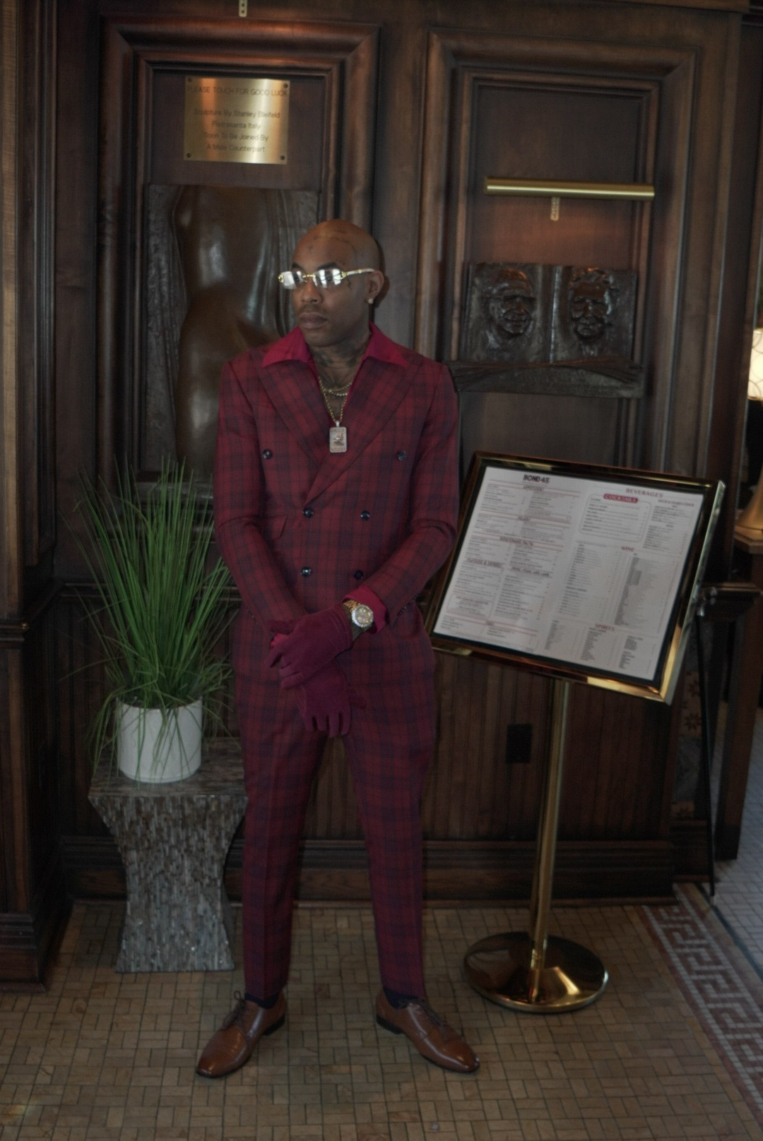 Red plaid double-breasted suit, full length editorial