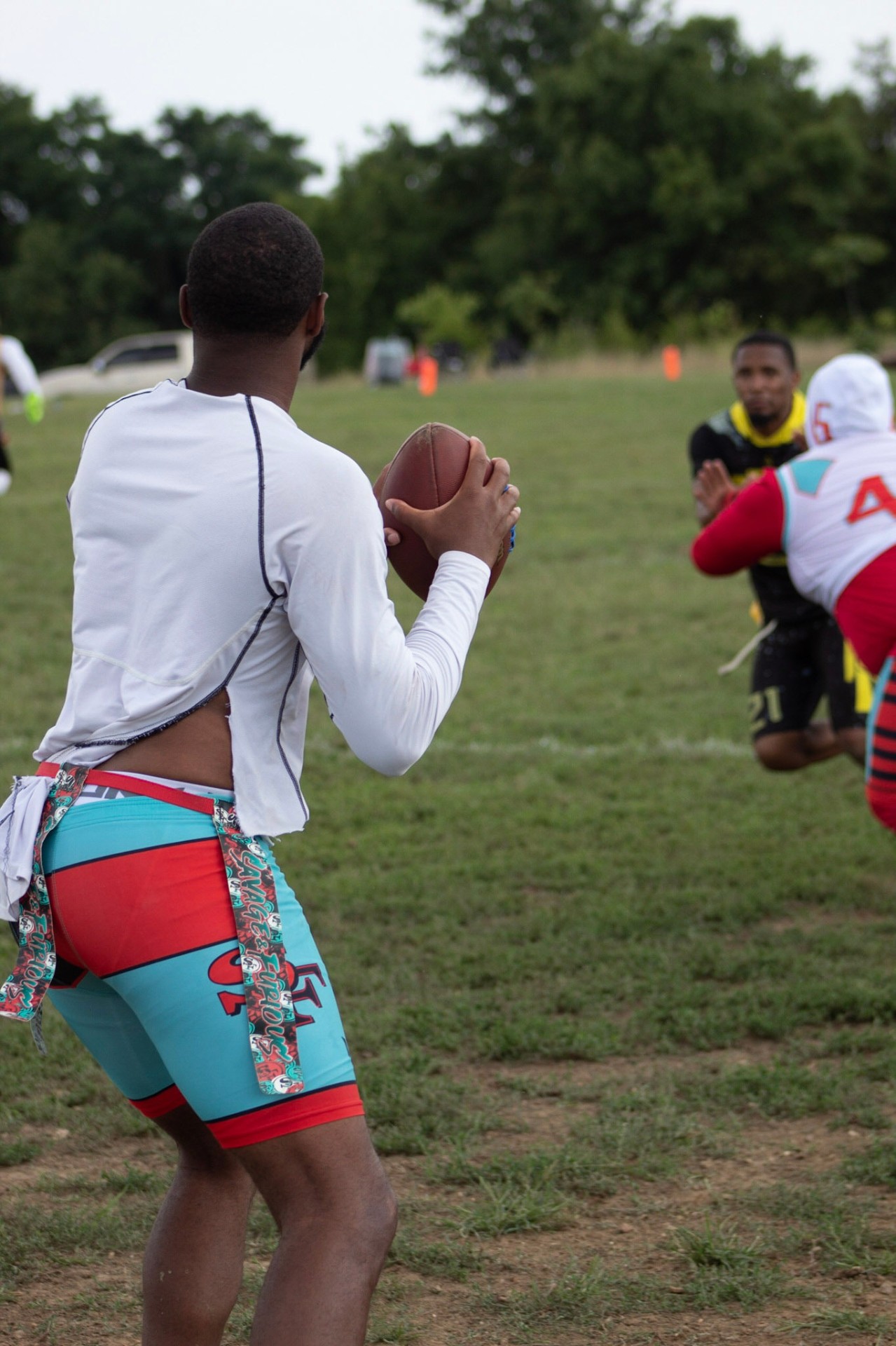 Flag football quarterback in the pocket