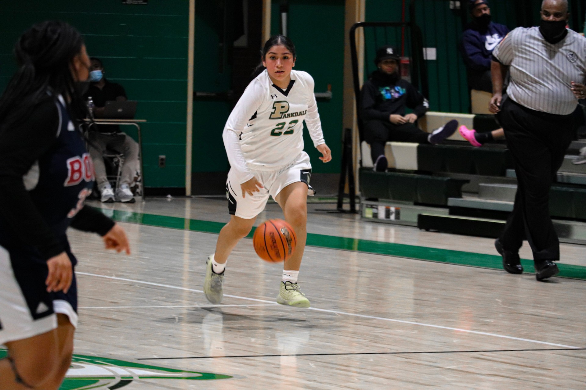 Parkdale #22 driving the lane against Bowie