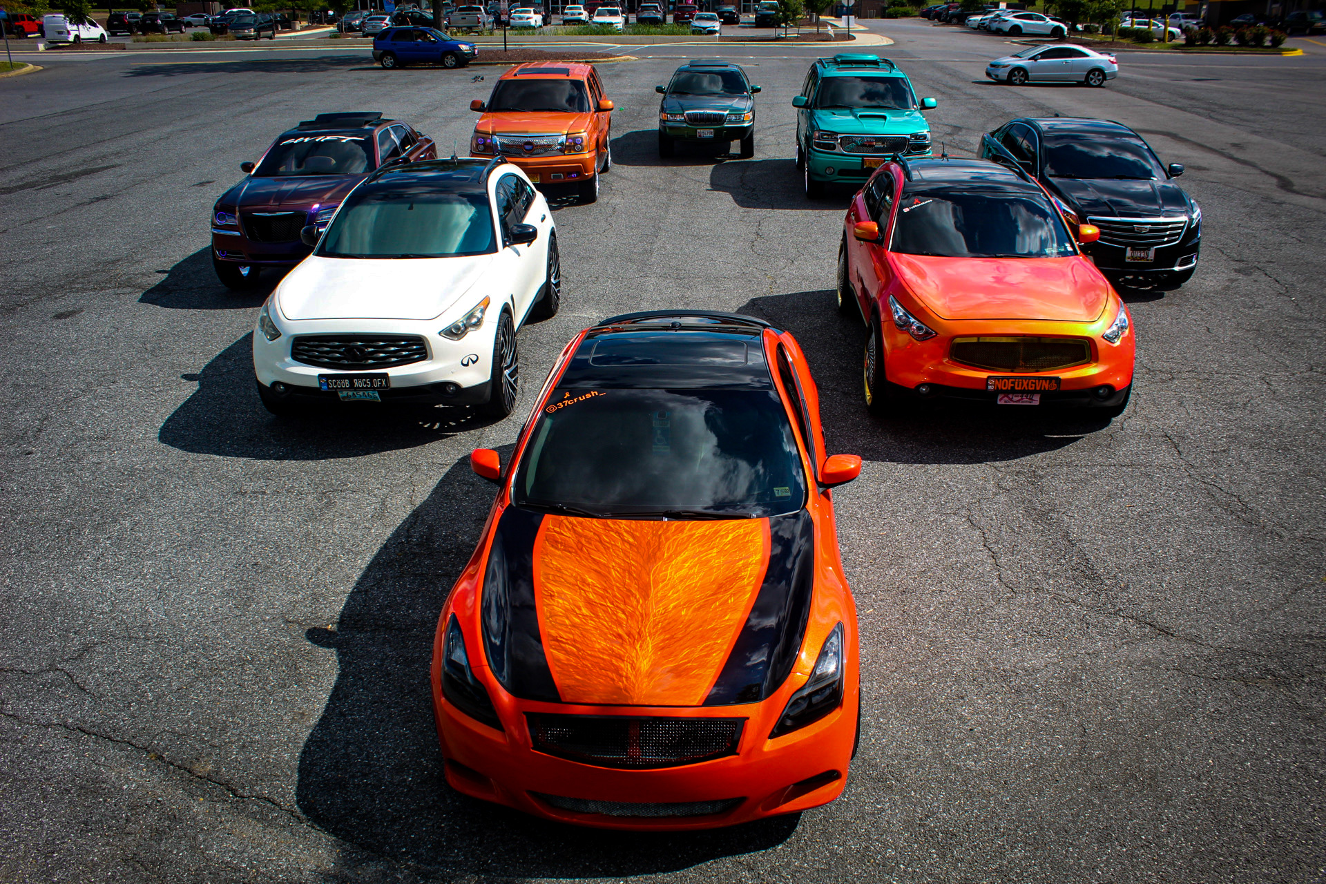Overhead lineup of custom cars